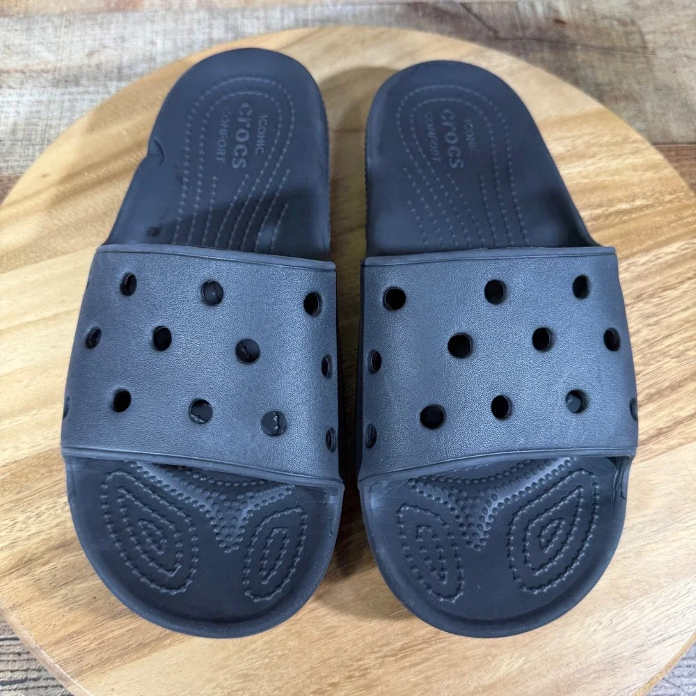 Crocs Slides Mens 8 Black Rubber Classic Slide Sandals 206121 Slip On Comfort